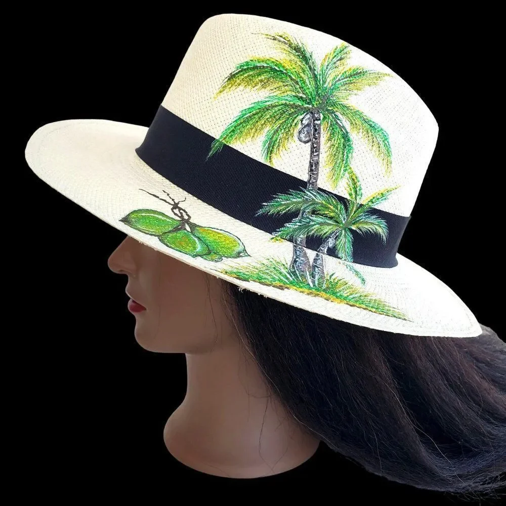 Panama Hat Medium Straw Woven Hand Painted Ecuador Beige NWOT